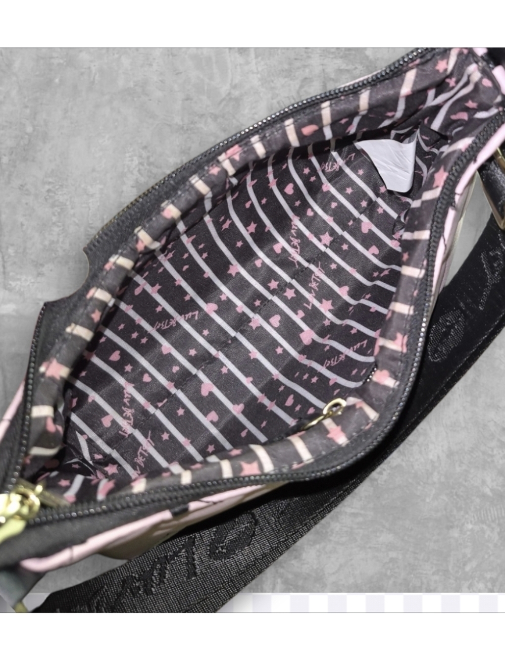 Luv Betsey Lola Crossbody By Betsey Johnson Pink Quilted With Black Hearts - Picture 10 of 10